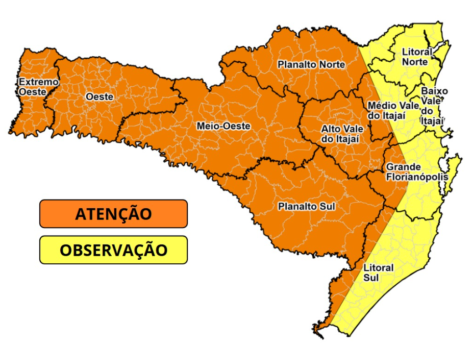 Defesa Civil de SC emite alerta para temporais entre esta quarta e quinta-feira