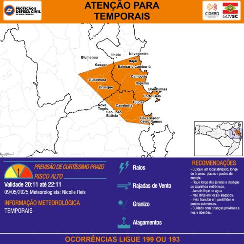 Defesa Civil emite alerta para temporais em 18 municípios do Litoral Norte de SC